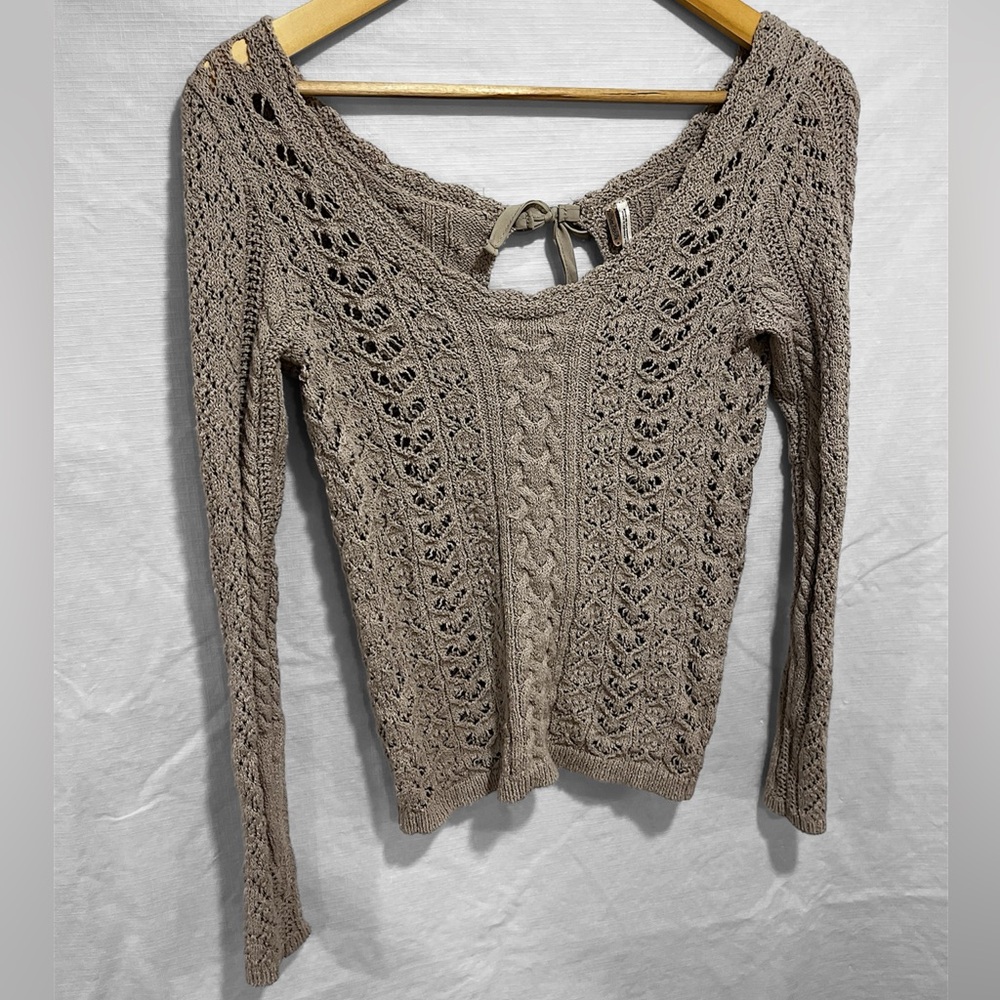 Free People Crotchet Open Back Bow Sweater, Beige/Taupe Medium